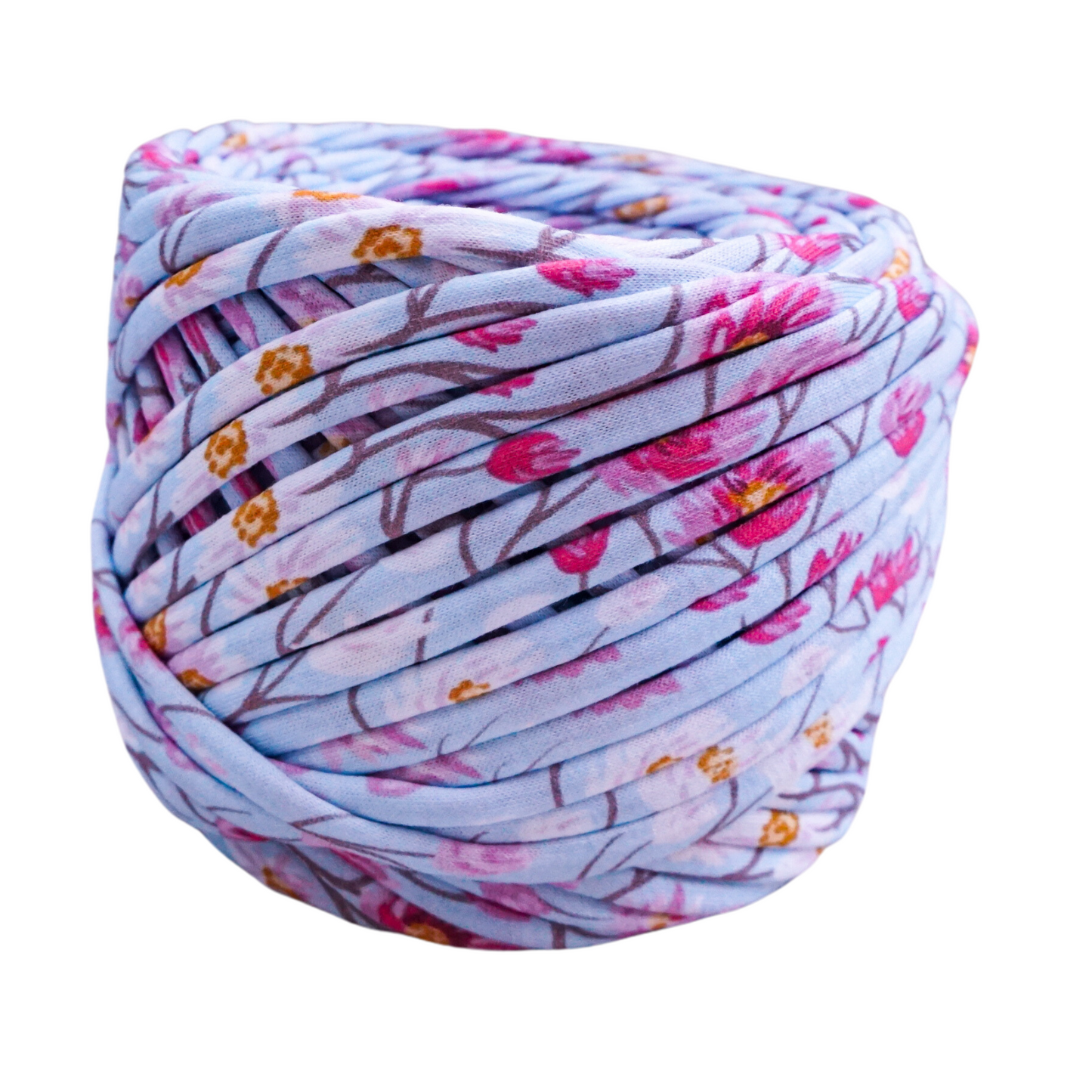 T-shirt yarn for crocheting baskets, bags, rugs and home decor. Flower print