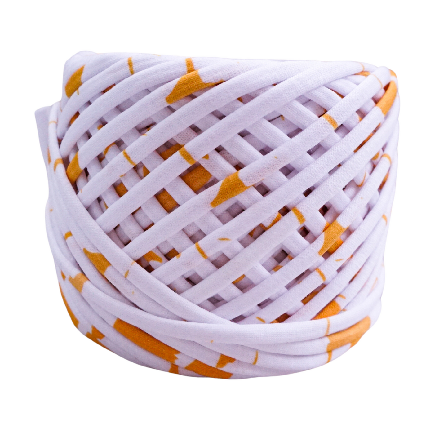 T-shirt yarn for crocheting baskets, bags, rugs and home decor. White with gold strokes