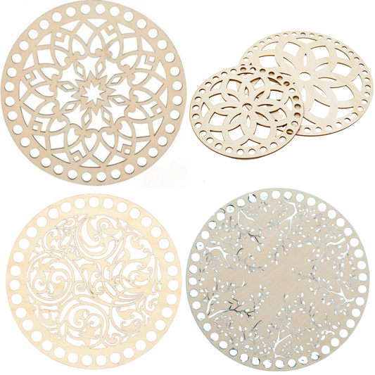 Round Wooden base lid with cut out designs for crochet basket