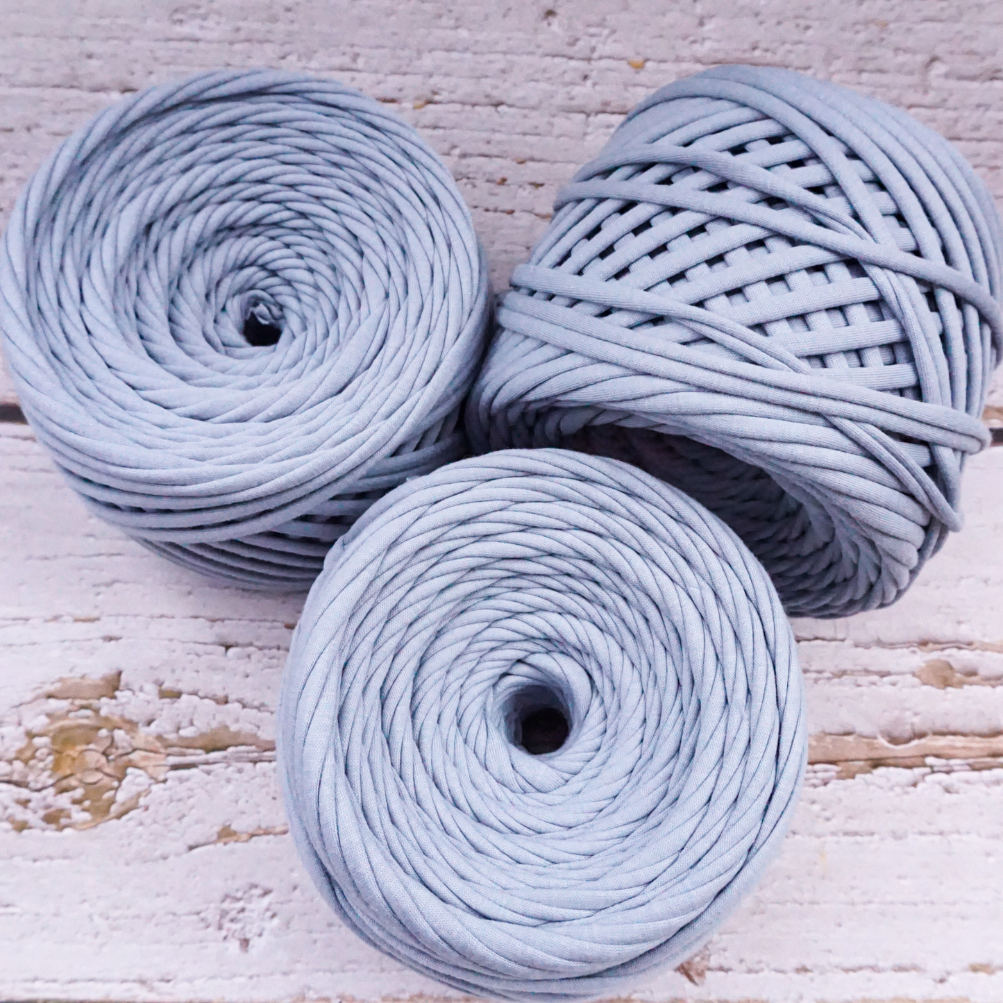 T-shirt yarn for crocheting baskets, bags, rugs and home decor. Grey