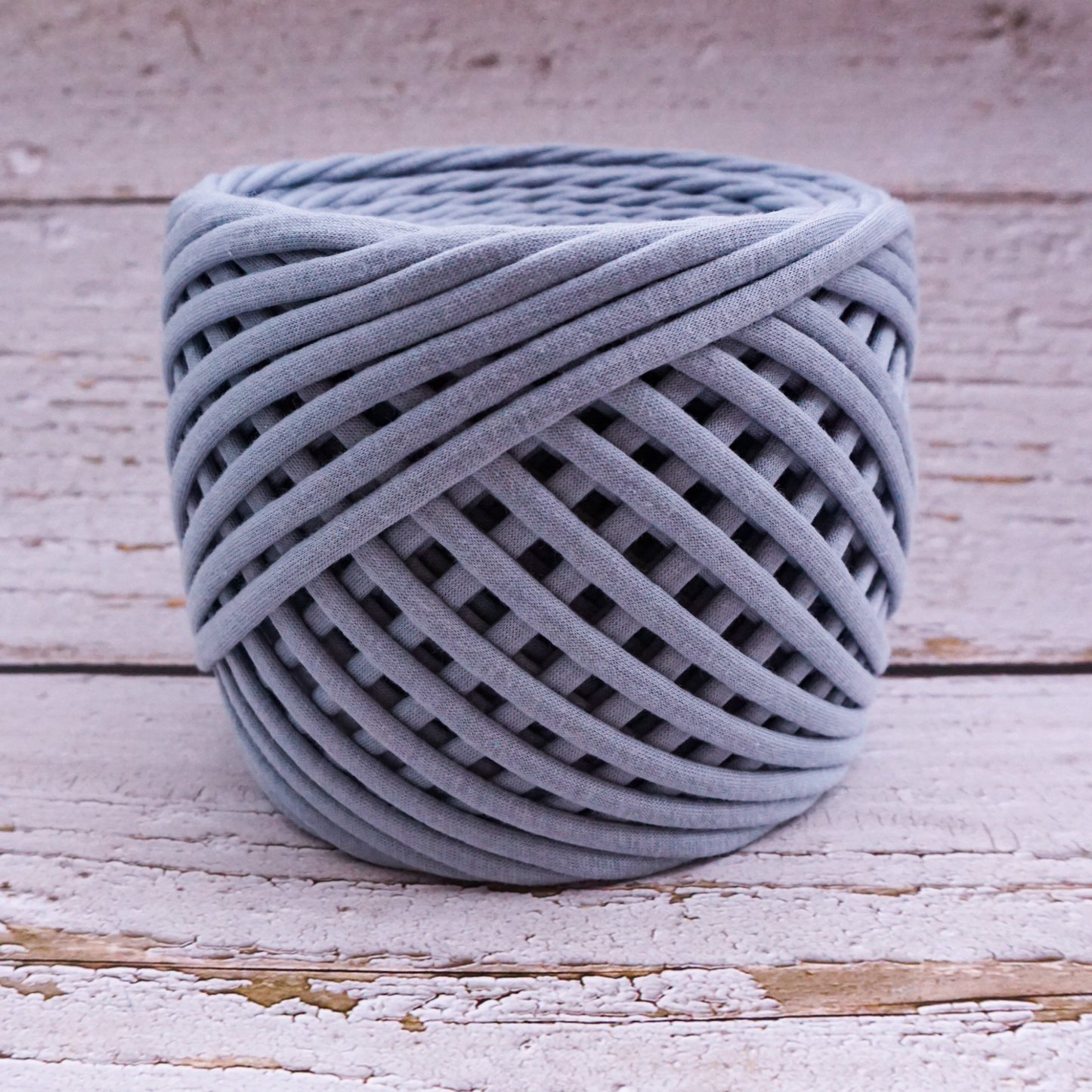 T-shirt yarn for crocheting baskets, bags, rugs and home decor. Grey