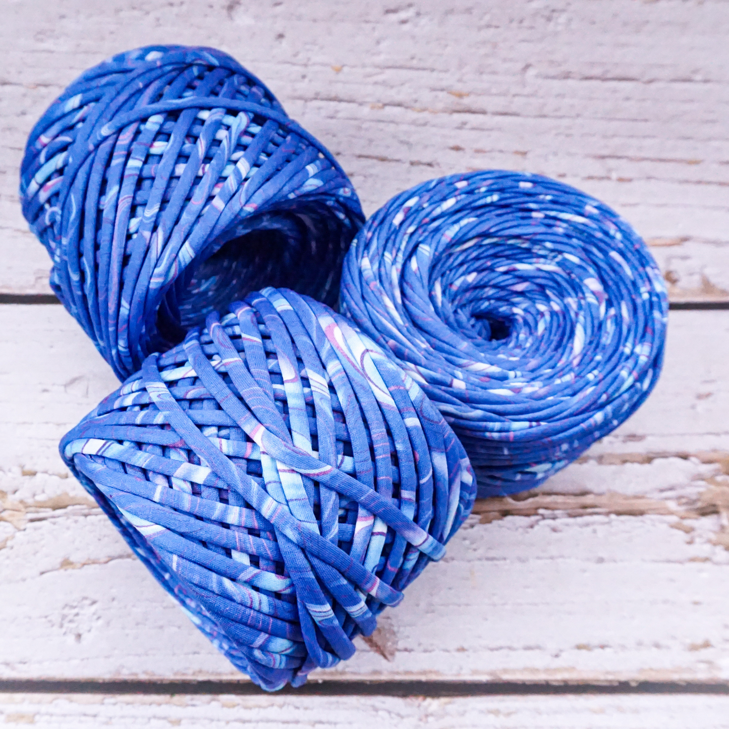 T-shirt yarn for crocheting baskets, bags, rugs and home decor. Blue cosmic