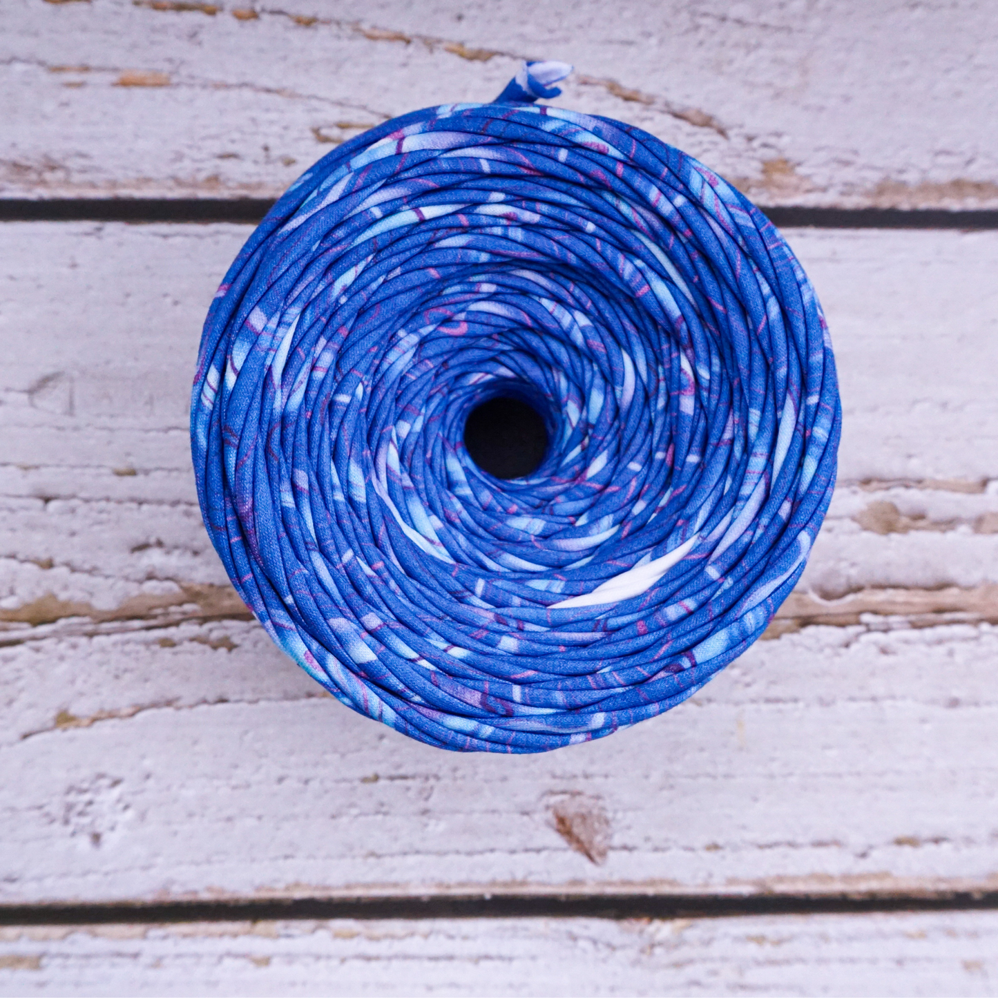 T-shirt yarn for crocheting baskets, bags, rugs and home decor. Blue cosmic