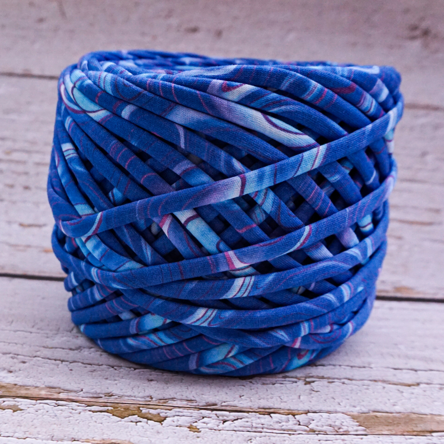 T-shirt yarn for crocheting baskets, bags, rugs and home decor. Blue cosmic
