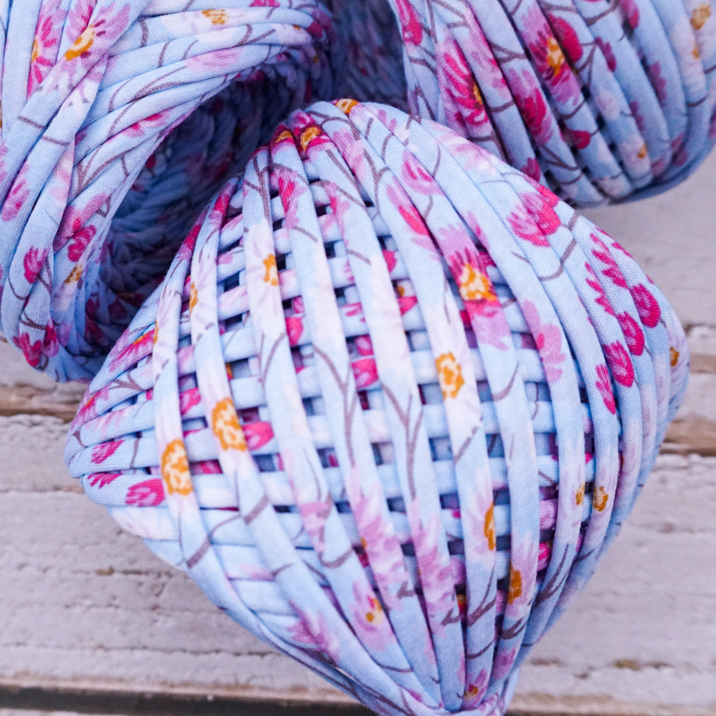 T-shirt yarn for crocheting baskets, bags, rugs and home decor. Flower print