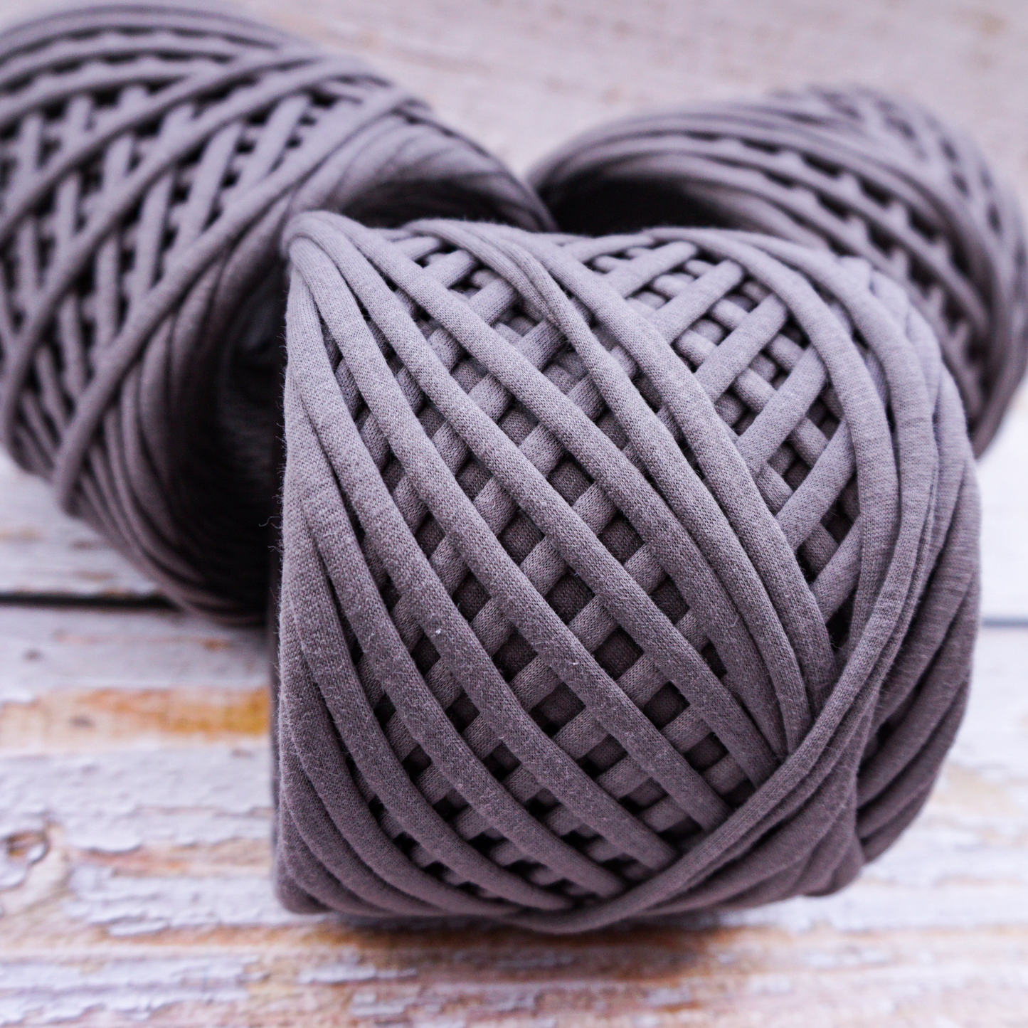 T-shirt yarn for crocheting baskets, bags, rugs and home decor. Granite grey