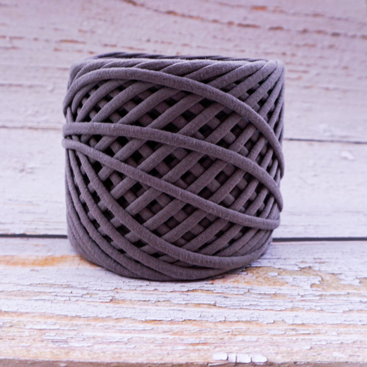 T-shirt yarn for crocheting baskets, bags, rugs and home decor. Granite grey