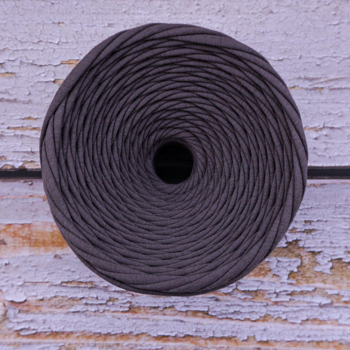 T-shirt yarn for crocheting baskets, bags, rugs and home decor. Granite grey