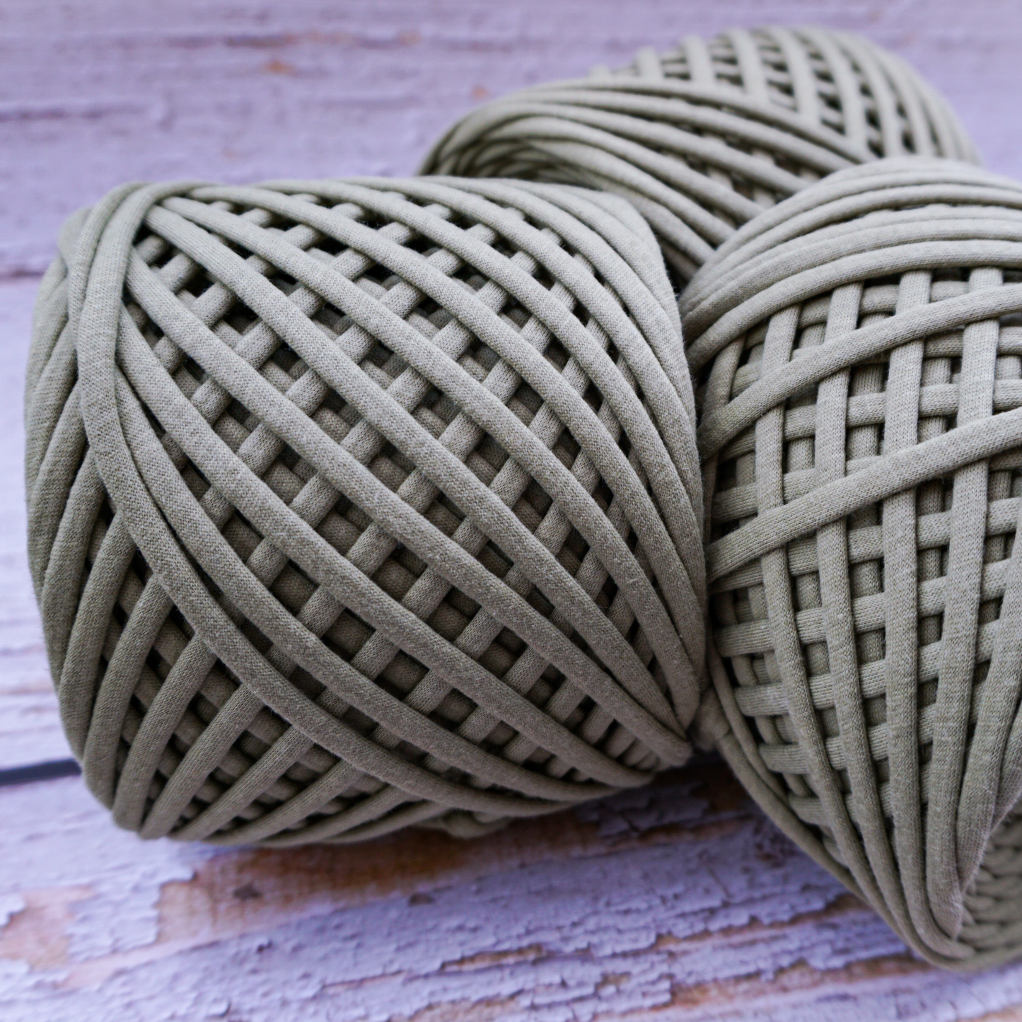 T-shirt yarn for crocheting baskets, bags, rugs and home decor. Olive green