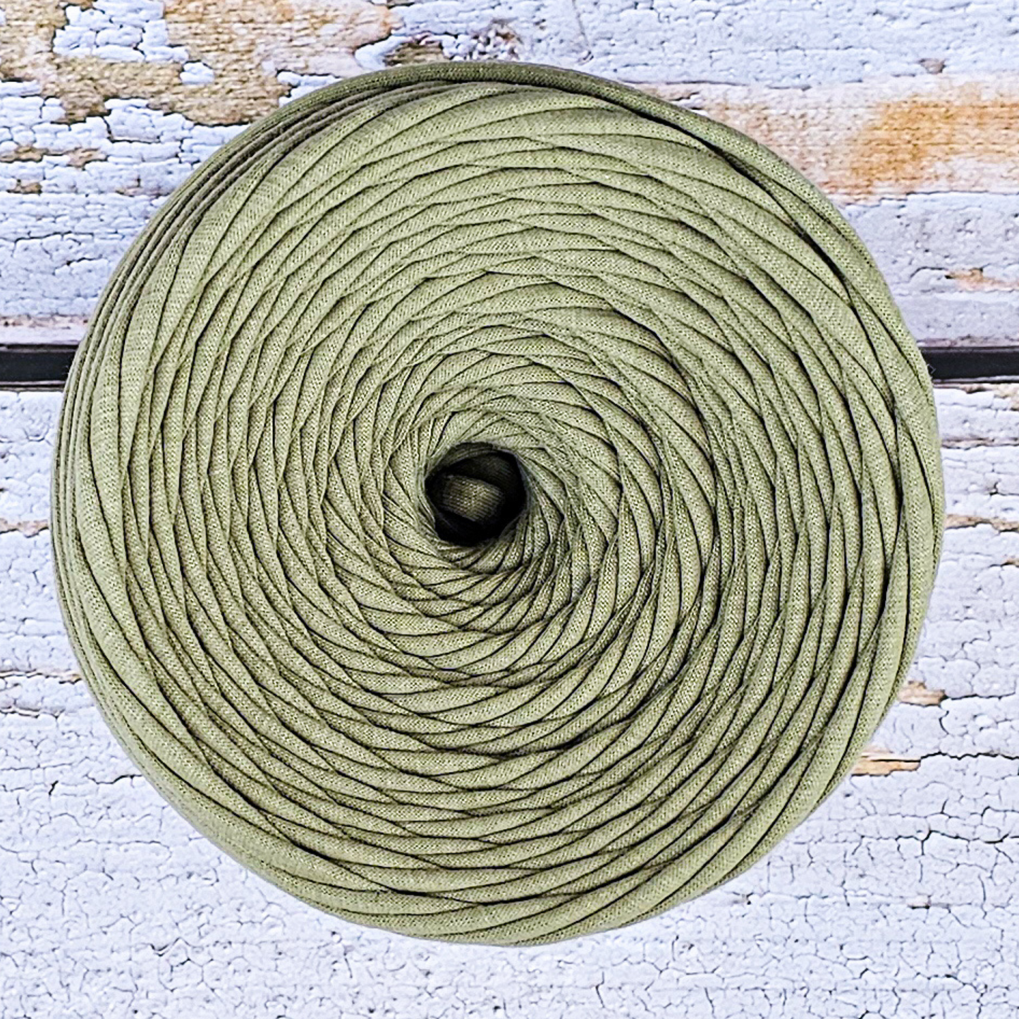 T-shirt yarn for crocheting baskets, bags, rugs and home decor. Olive green