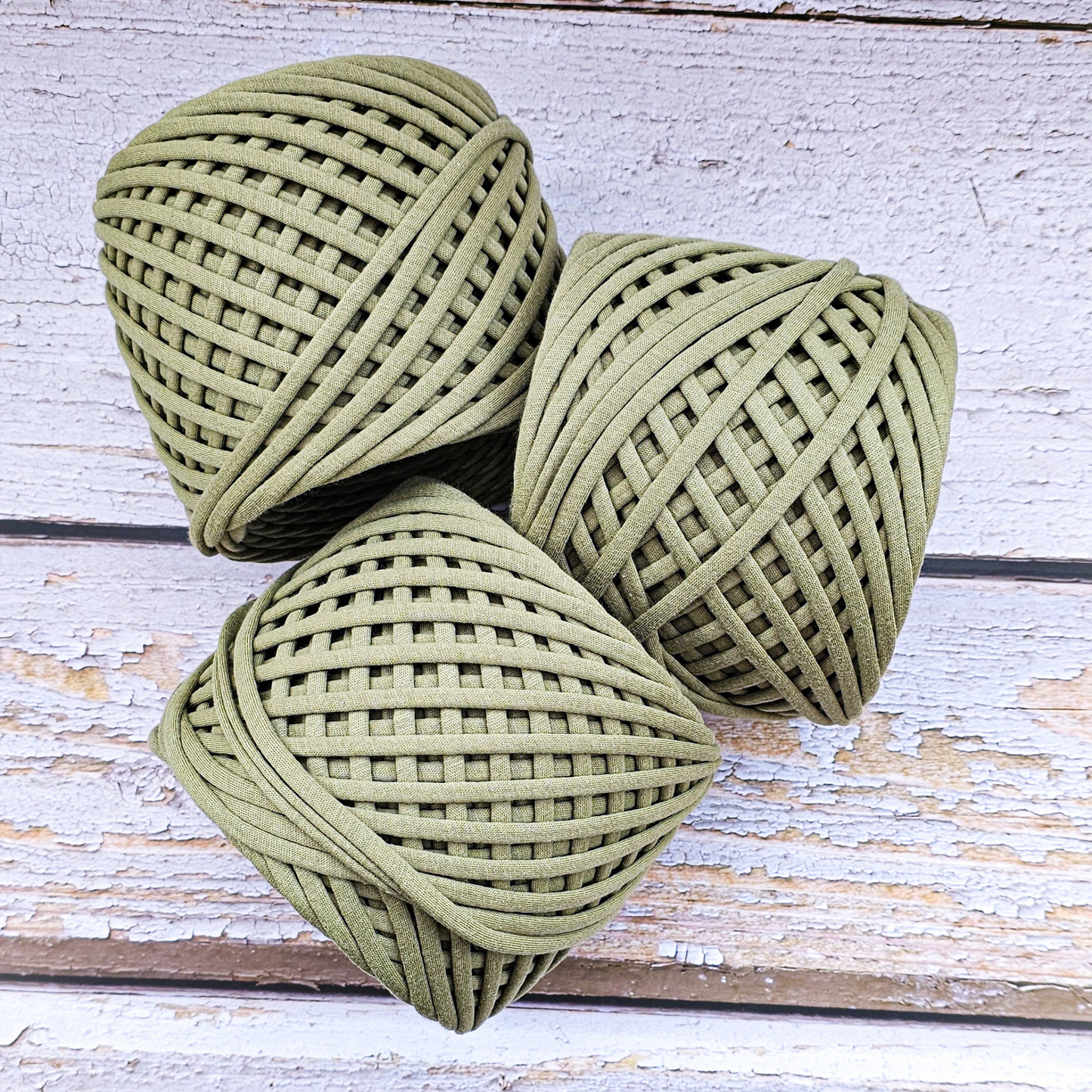 T-shirt yarn for crocheting baskets, bags, rugs and home decor. Olive green