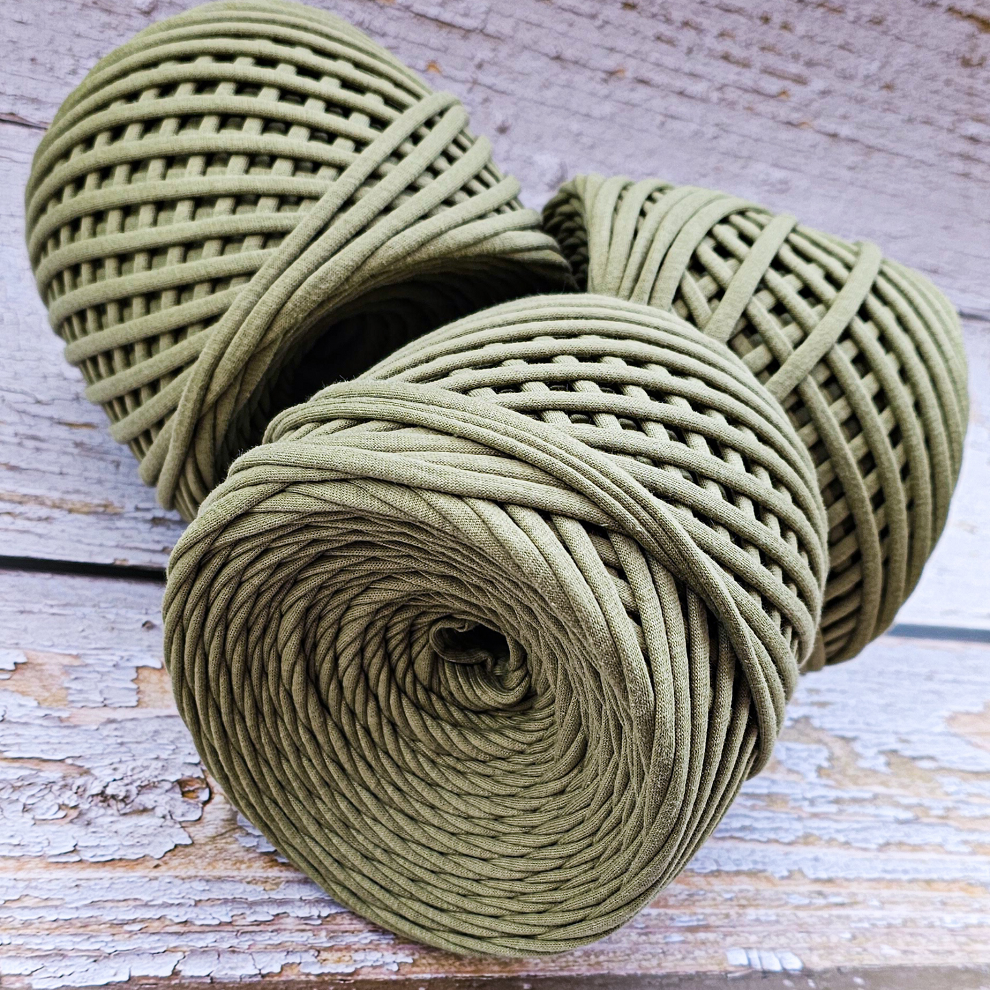 T-shirt yarn for crocheting baskets, bags, rugs and home decor. Olive green