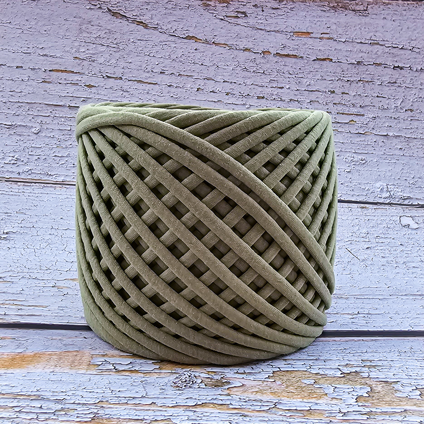 T-shirt yarn for crocheting baskets, bags, rugs and home decor. Olive green