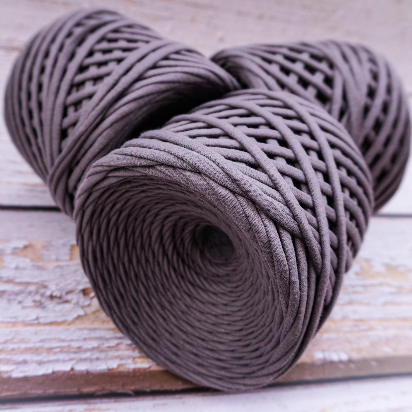 T-shirt yarn for crocheting baskets, bags, rugs and home decor. Granite grey
