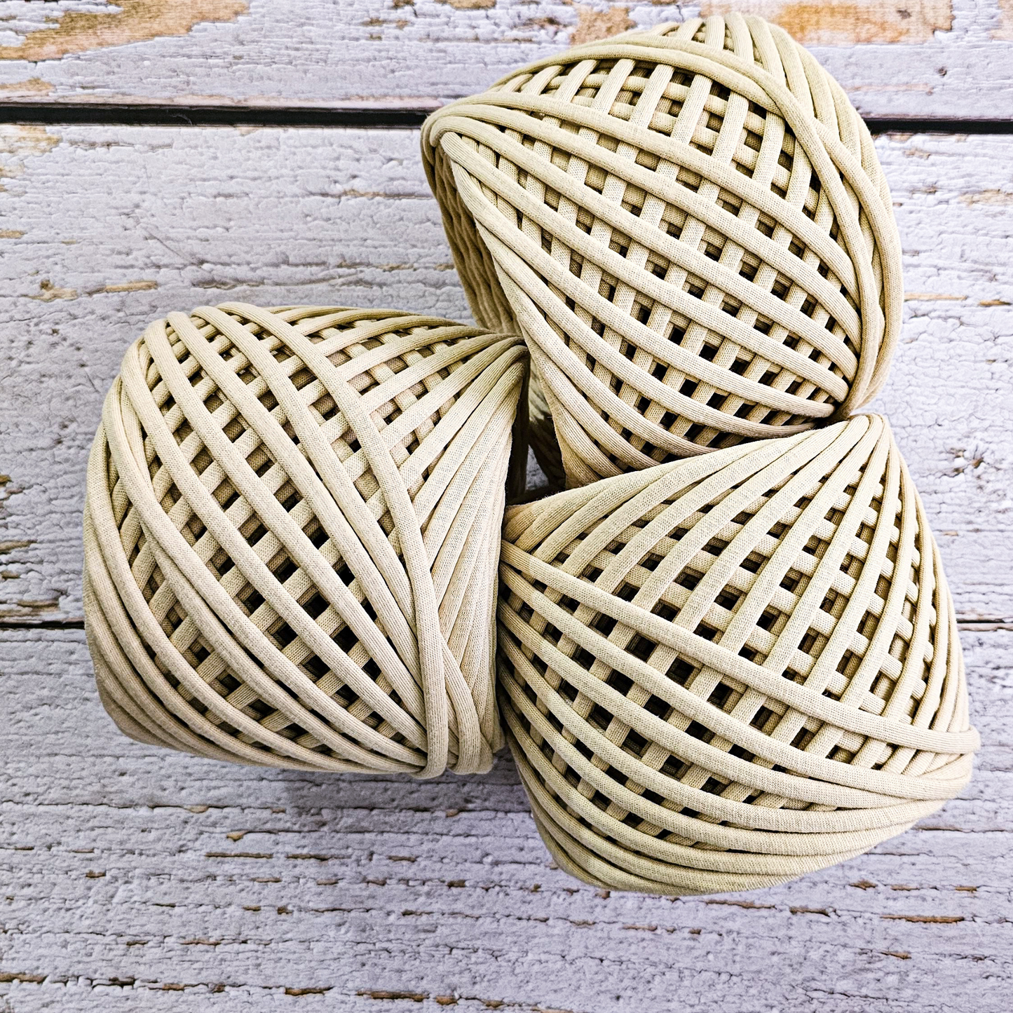 T-shirt yarn for crocheting baskets, bags, rugs and home decor. Latte