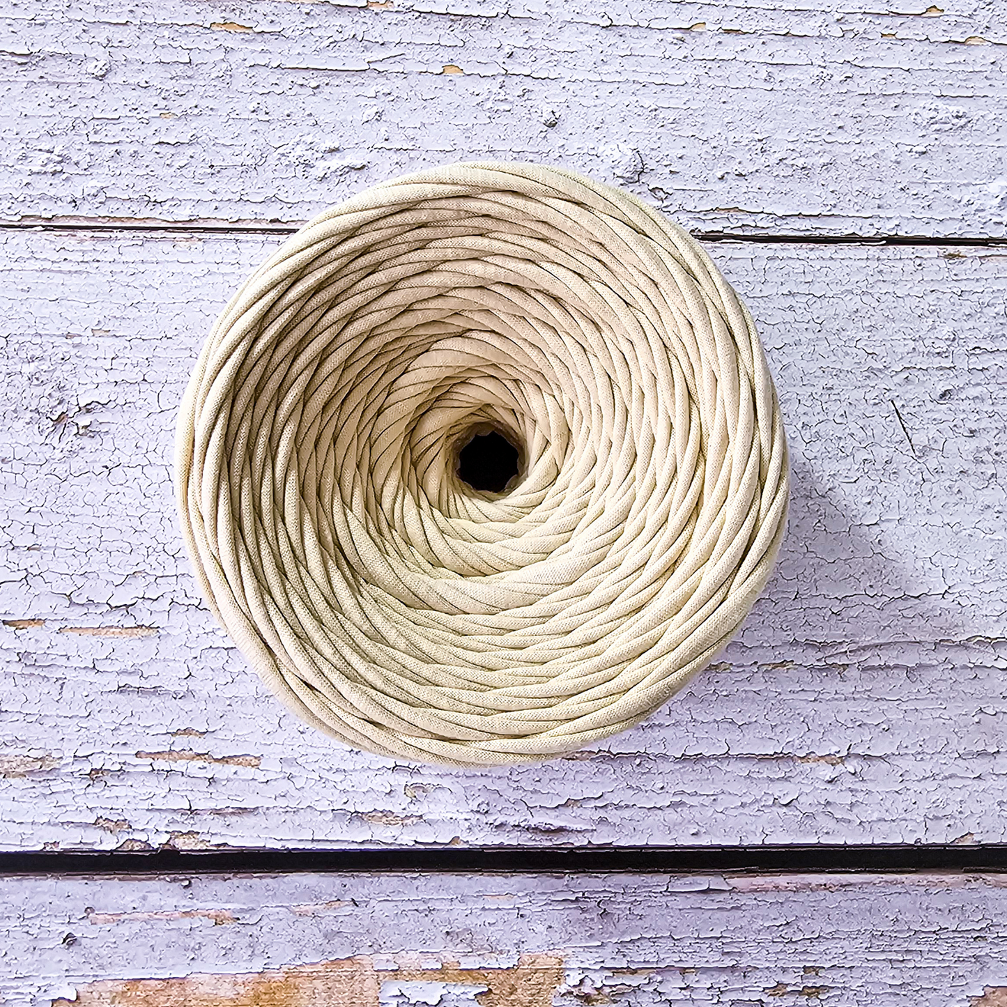 T-shirt yarn for crocheting baskets, bags, rugs and home decor. Latte