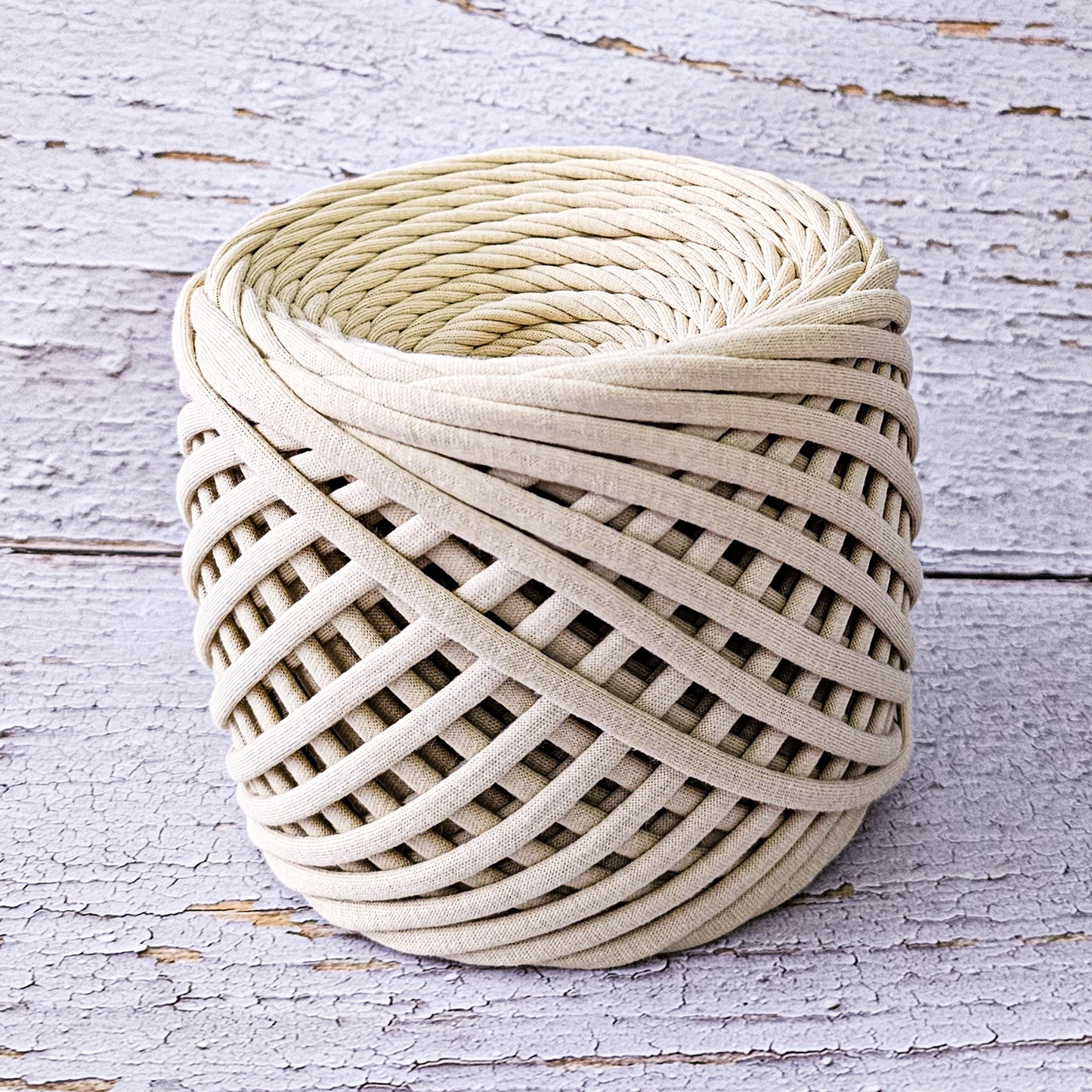 T-shirt yarn for crocheting baskets, bags, rugs and home decor. Latte