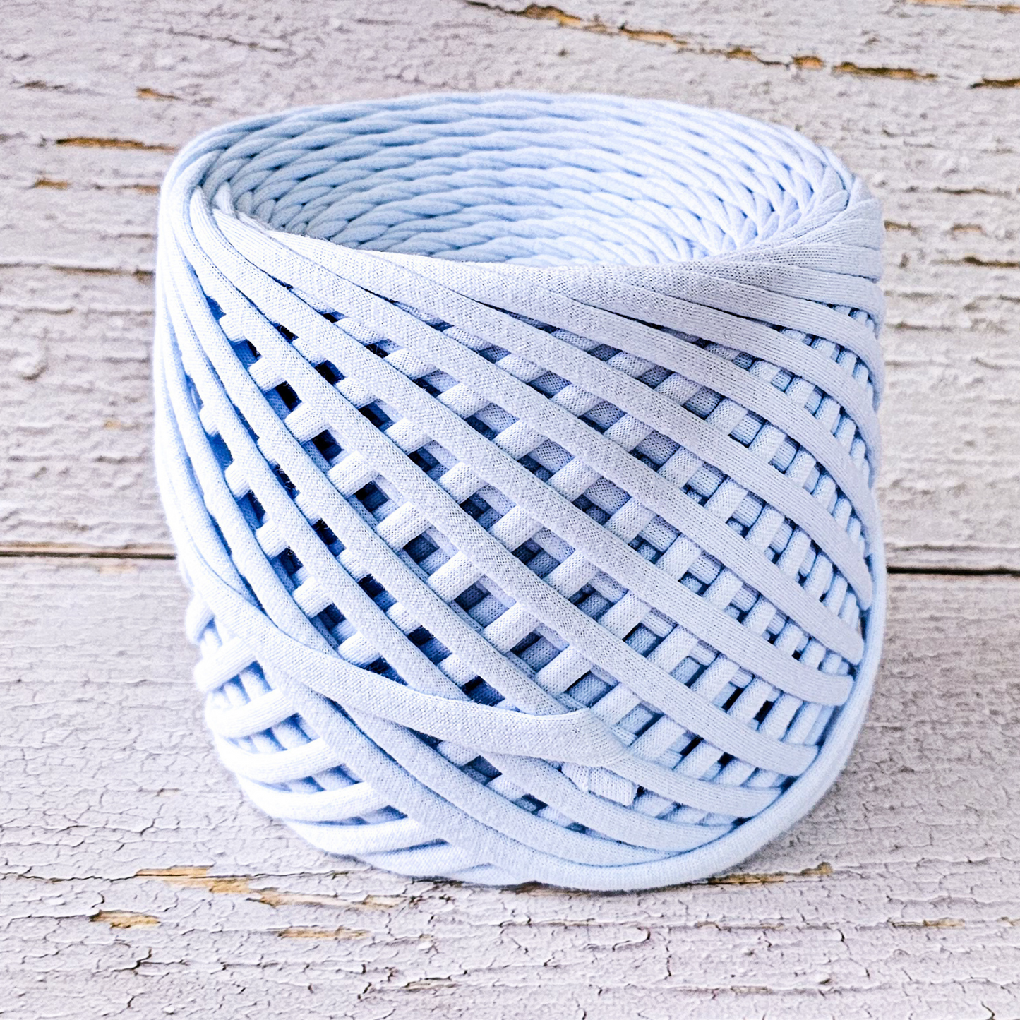 T-shirt yarn for crocheting baskets, bags, rugs and home decor. Sky blue