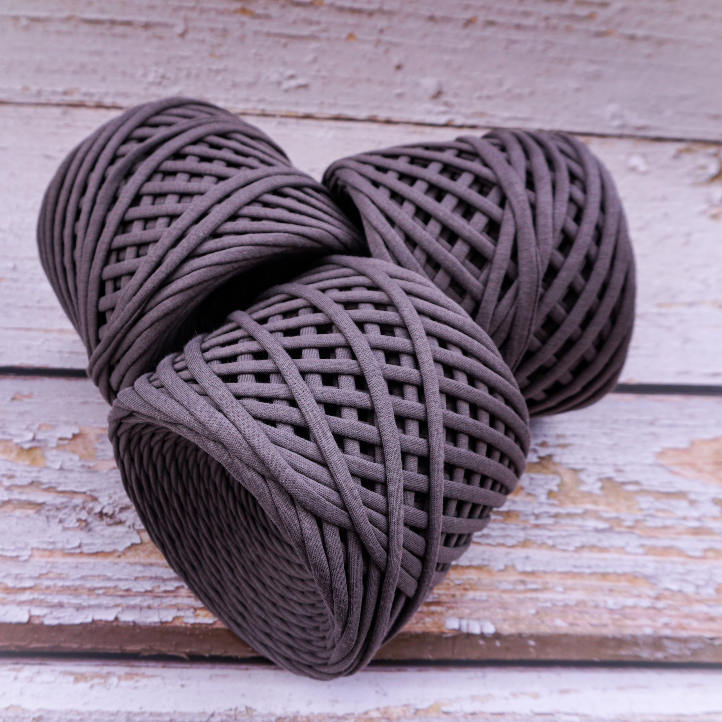 T-shirt yarn for crocheting baskets, bags, rugs and home decor. Granite grey