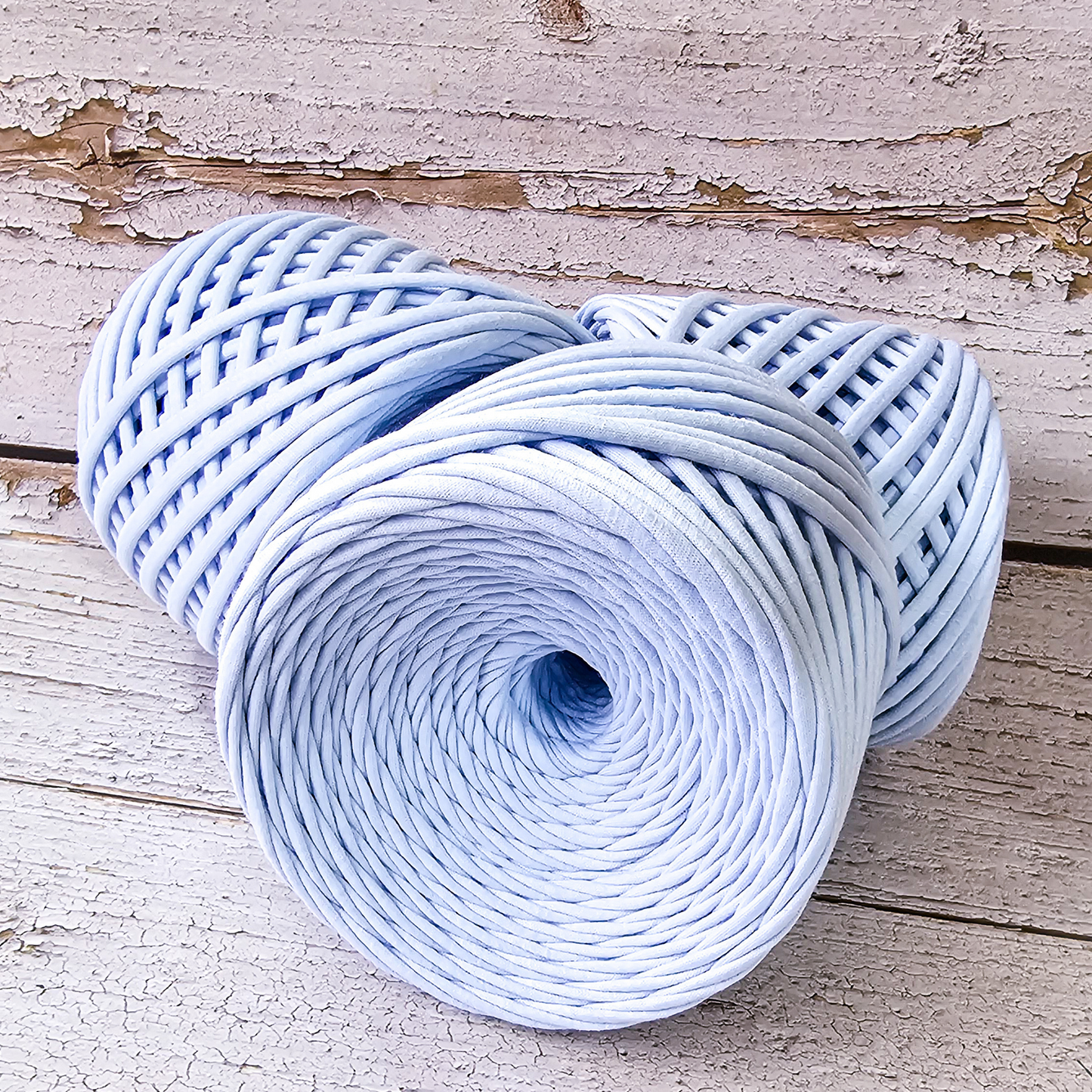 T-shirt yarn for crocheting baskets, bags, rugs and home decor. Sky blue