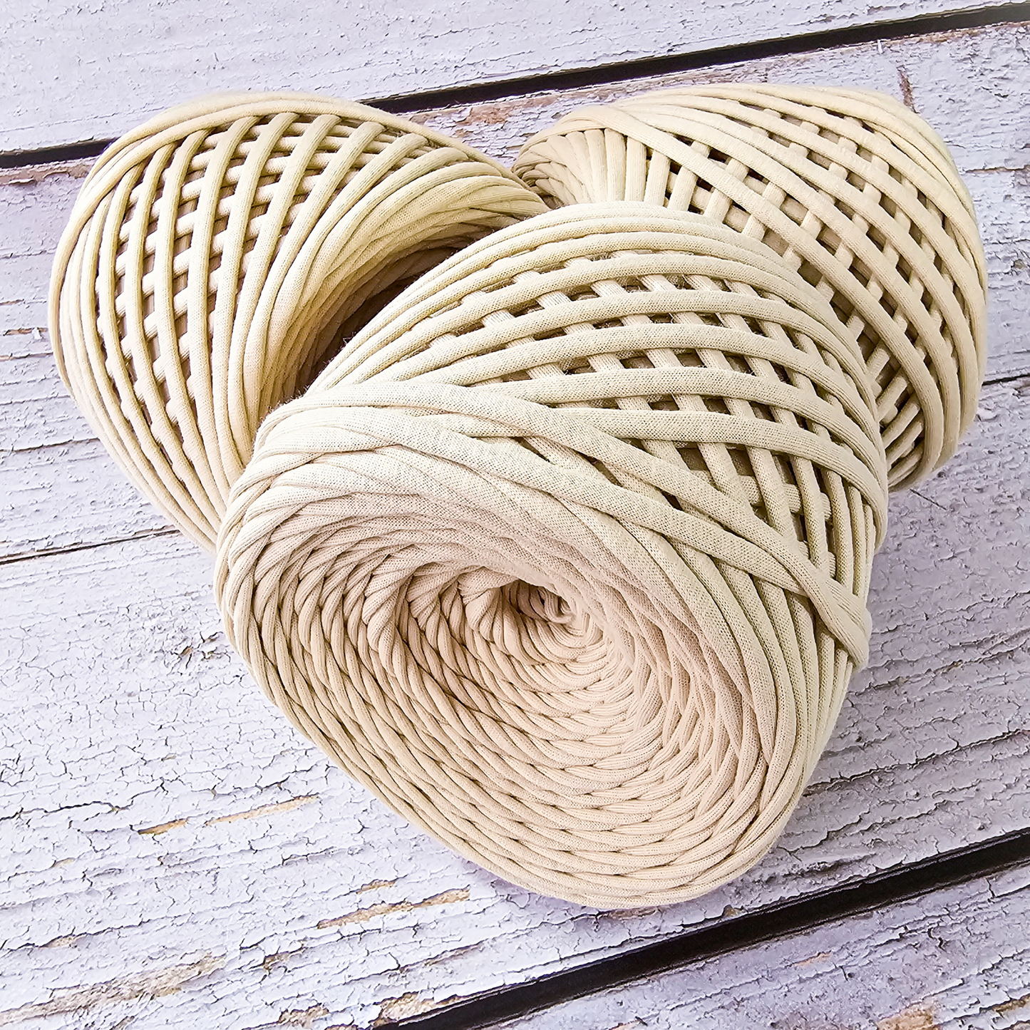 T-shirt yarn for crocheting baskets, bags, rugs and home decor. Latte