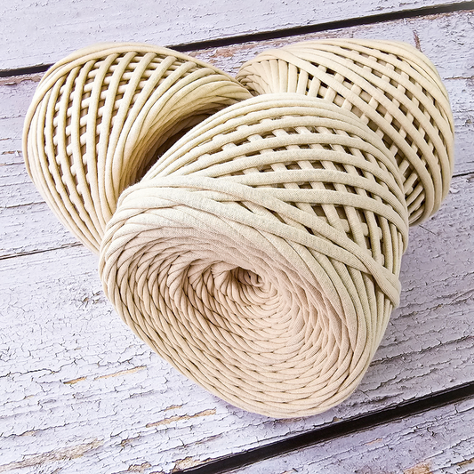 T-shirt yarn for crocheting baskets, bags, rugs and home decor. Latte