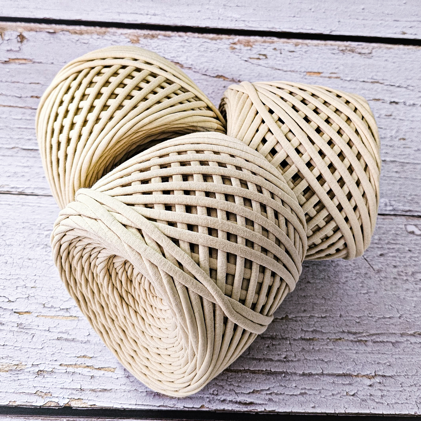 T-shirt yarn for crocheting baskets, bags, rugs and home decor. Latte
