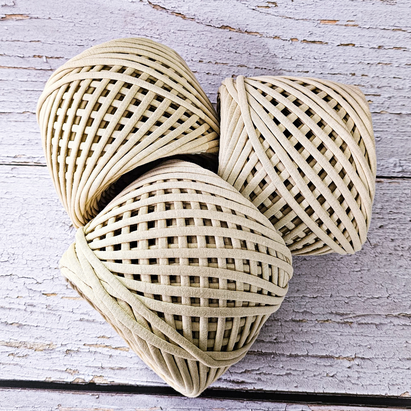 T-shirt yarn for crocheting baskets, bags, rugs and home decor. Latte