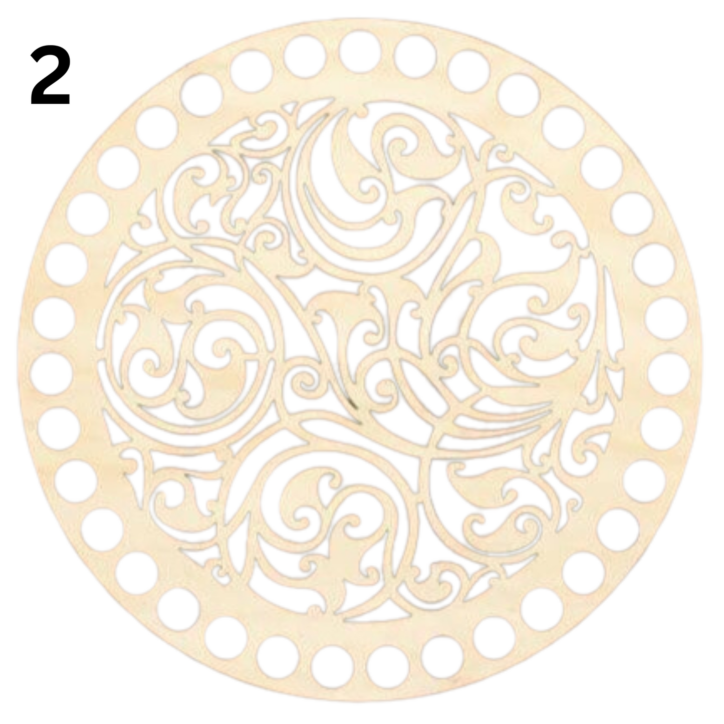 Round Wooden base lid with cut out designs for crochet basket