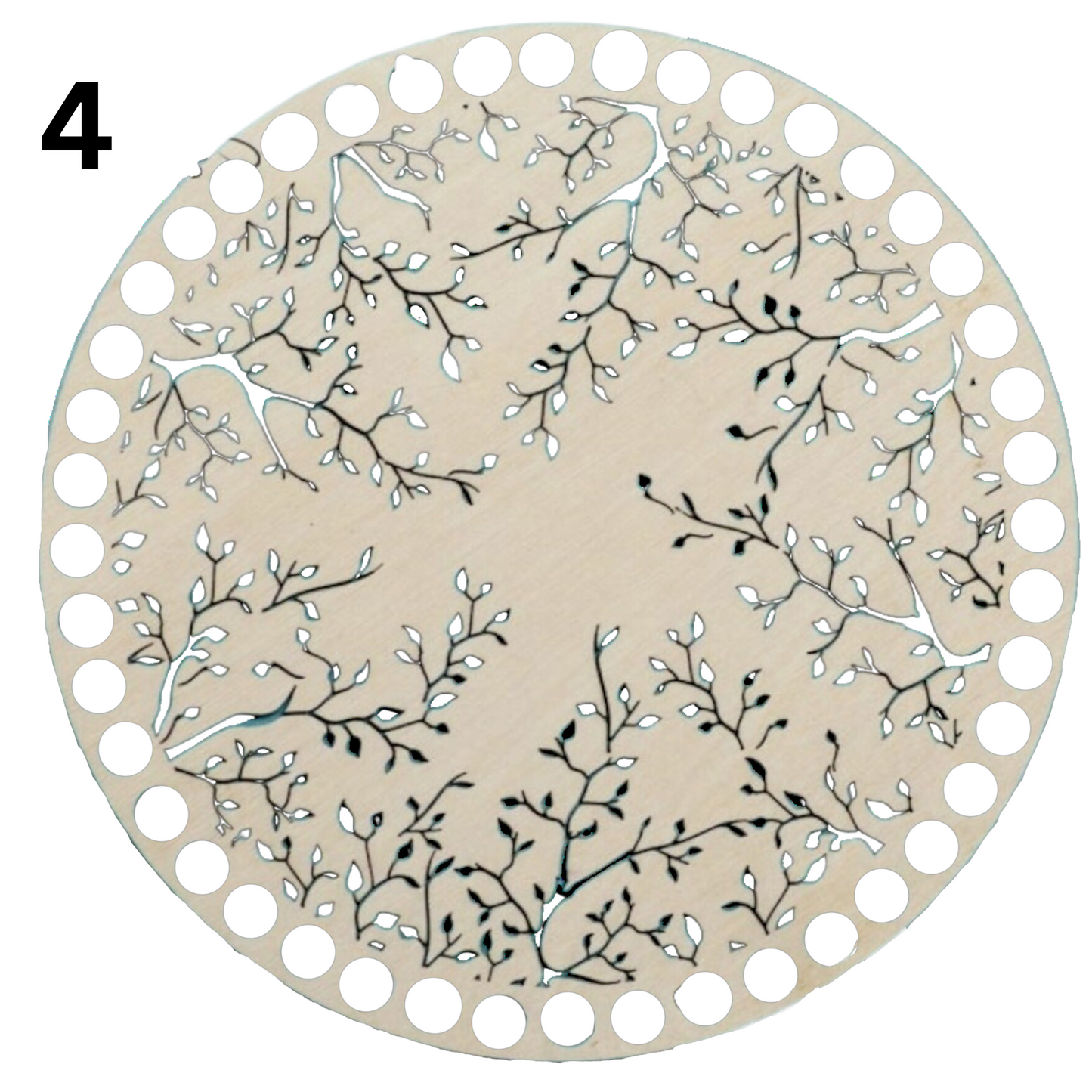 Round Wooden base lid with cut out designs for crochet basket