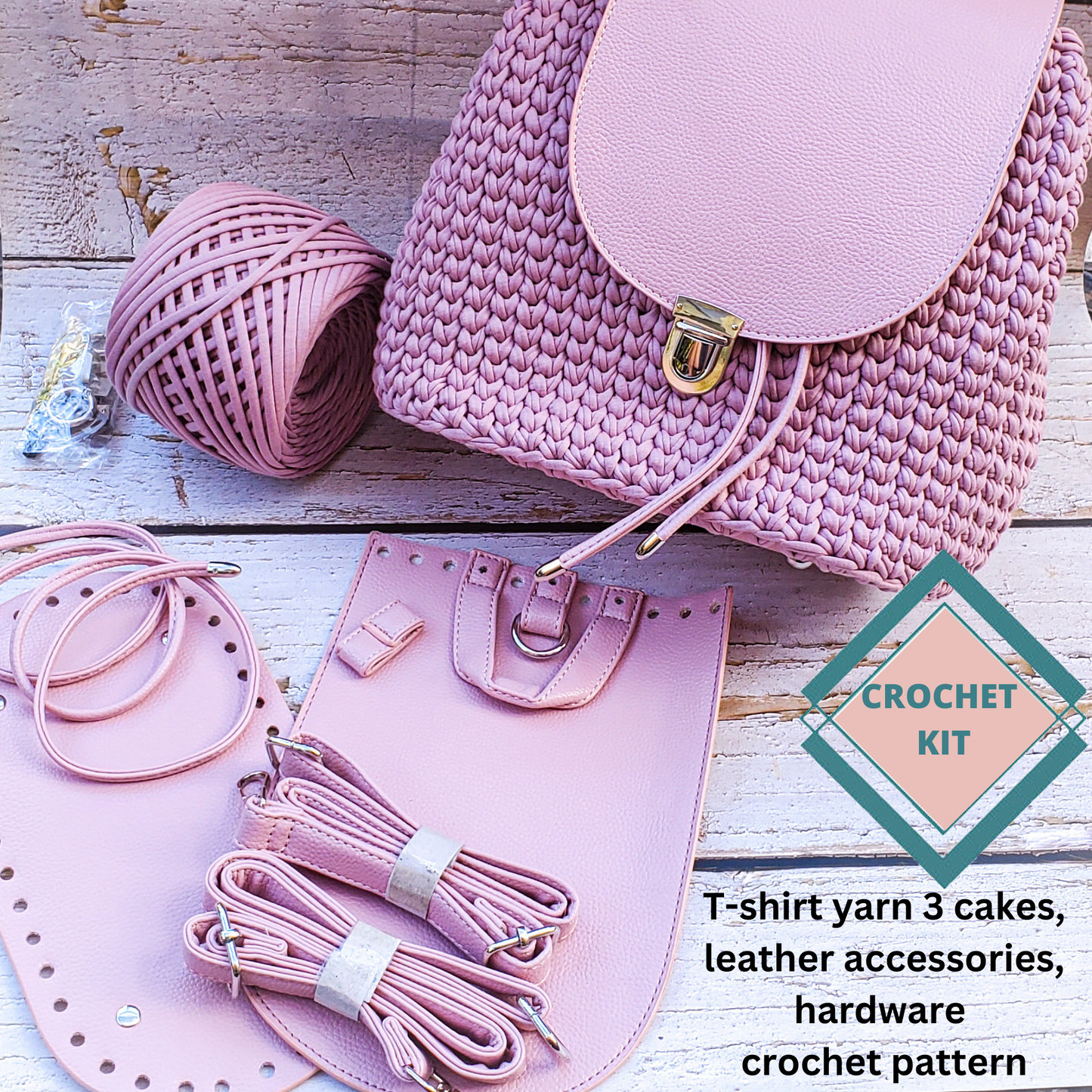 Crochet Backpack Kit with Leather Bag Base Accessories, Purse Hardware, Tshirt yarn and Crochet Pattern dark colors