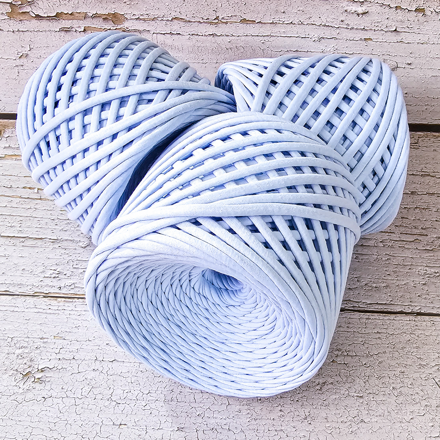 T-shirt yarn for crocheting baskets, bags, rugs and home decor. Sky blue