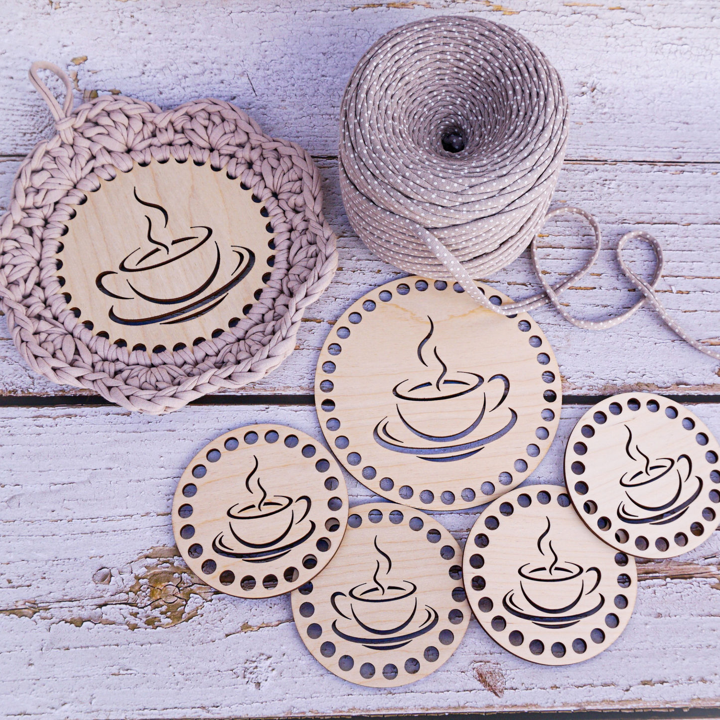 Coaster and trivet crochet wooden base