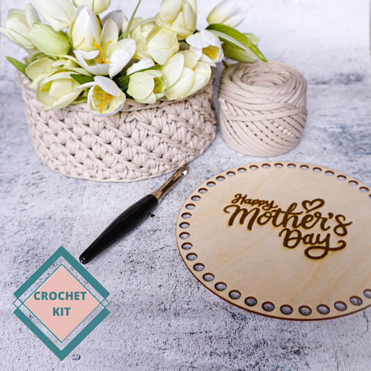 Mother's Day Crochet Basket Kit with engraved wooden base