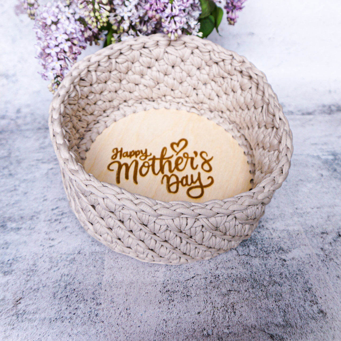 Mother's Day Crochet Basket Kit with engraved wooden base