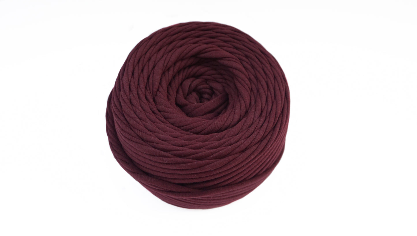 T-shirt yarn for crocheting baskets, bags, rugs and home decor. Dark burgundy