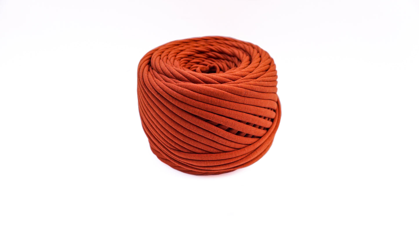 T-shirt yarn for crocheting baskets, bags, rugs and home decor. Burnt orange