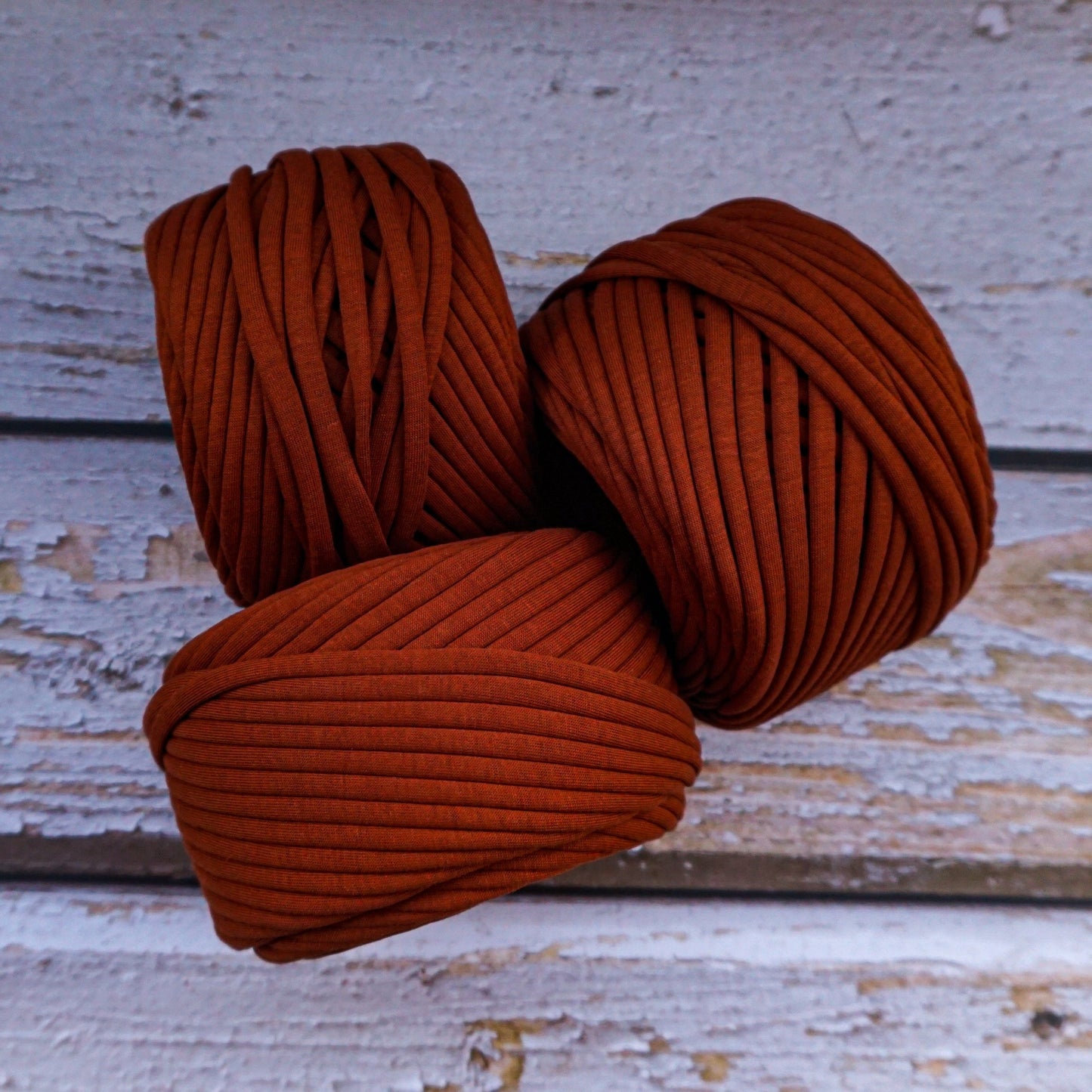 T-shirt yarn for crocheting baskets, bags, rugs and home decor. Dark burnt orange