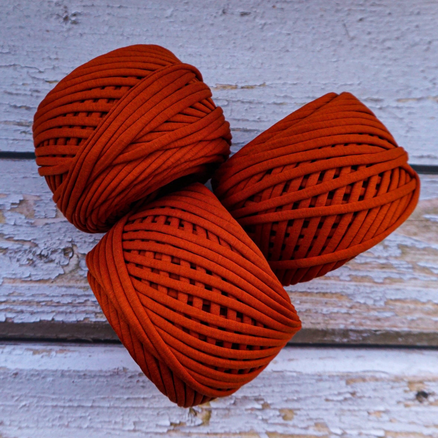 T-shirt yarn for crocheting baskets, bags, rugs and home decor. Burnt orange