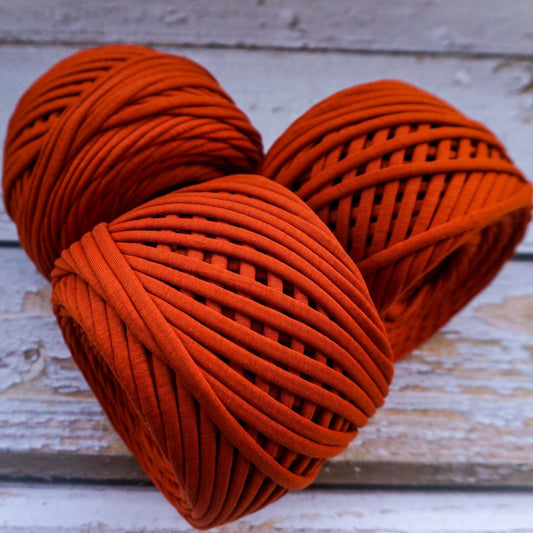 T-shirt yarn for crocheting baskets, bags, rugs and home decor. Burnt orange