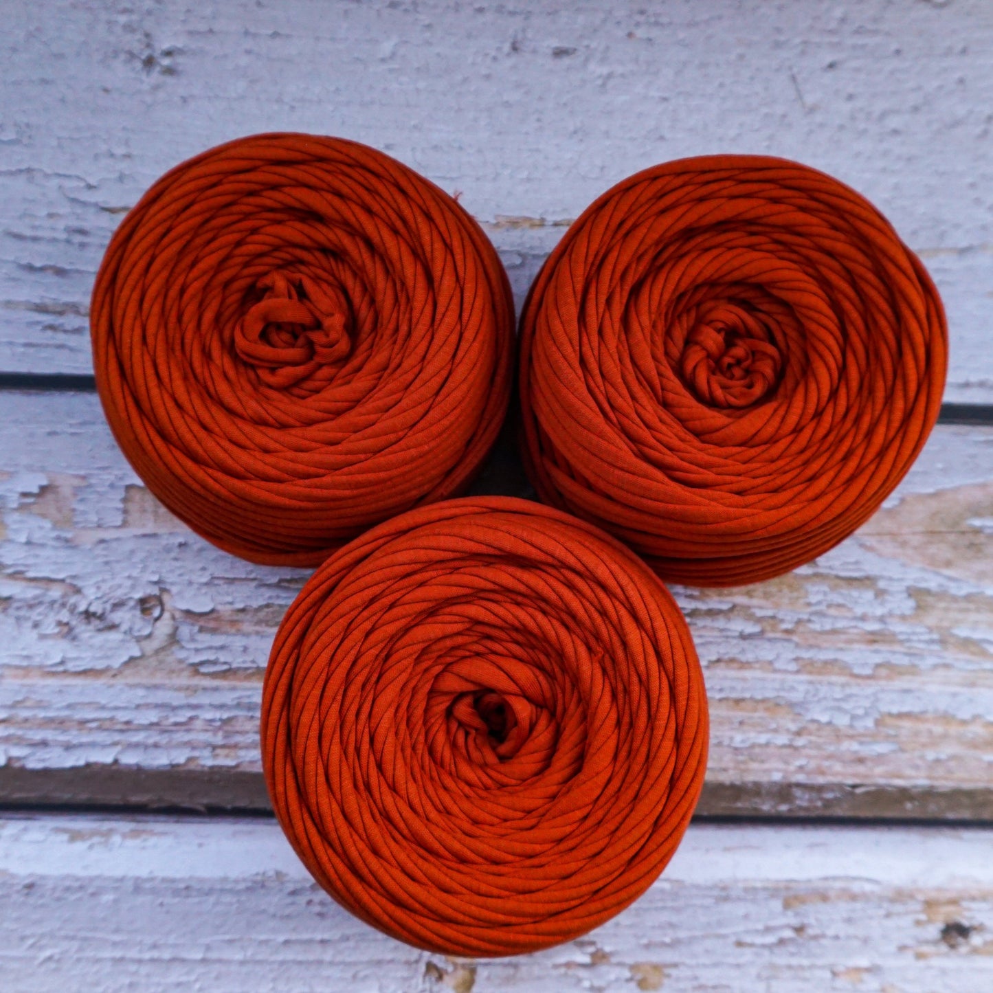 T-shirt yarn for crocheting baskets, bags, rugs and home decor. Burnt orange