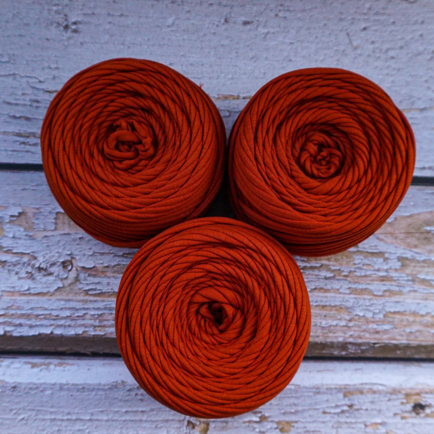 T-shirt yarn for crocheting baskets, bags, rugs and home decor. Burnt orange