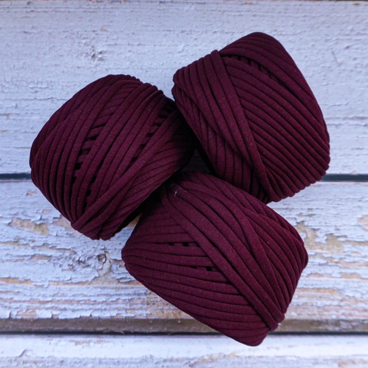 T-shirt yarn for crocheting baskets, bags, rugs and home decor. Dark burgundy