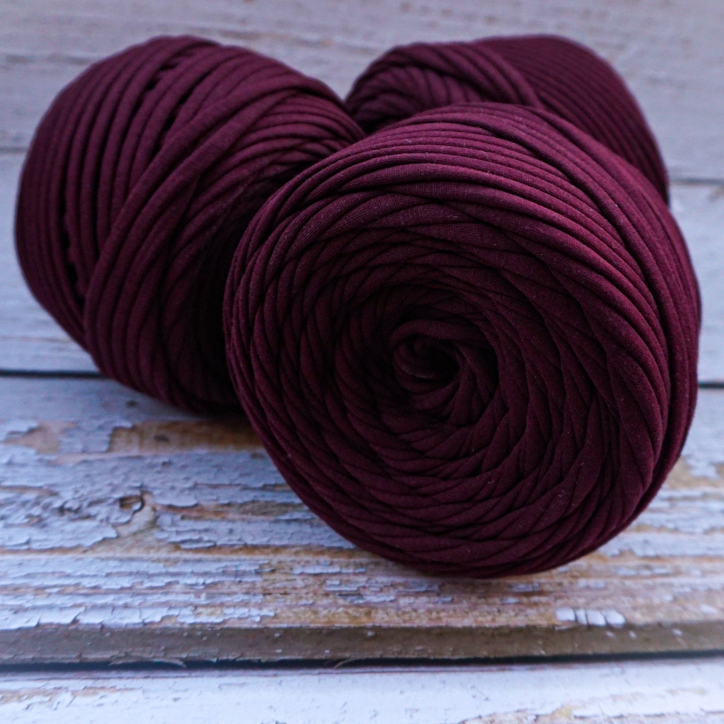 T-shirt yarn for crocheting baskets, bags, rugs and home decor. Dark burgundy