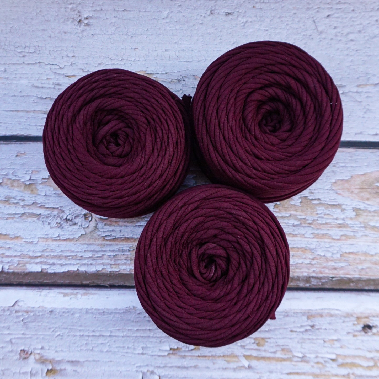 T-shirt yarn for crocheting baskets, bags, rugs and home decor. Dark burgundy