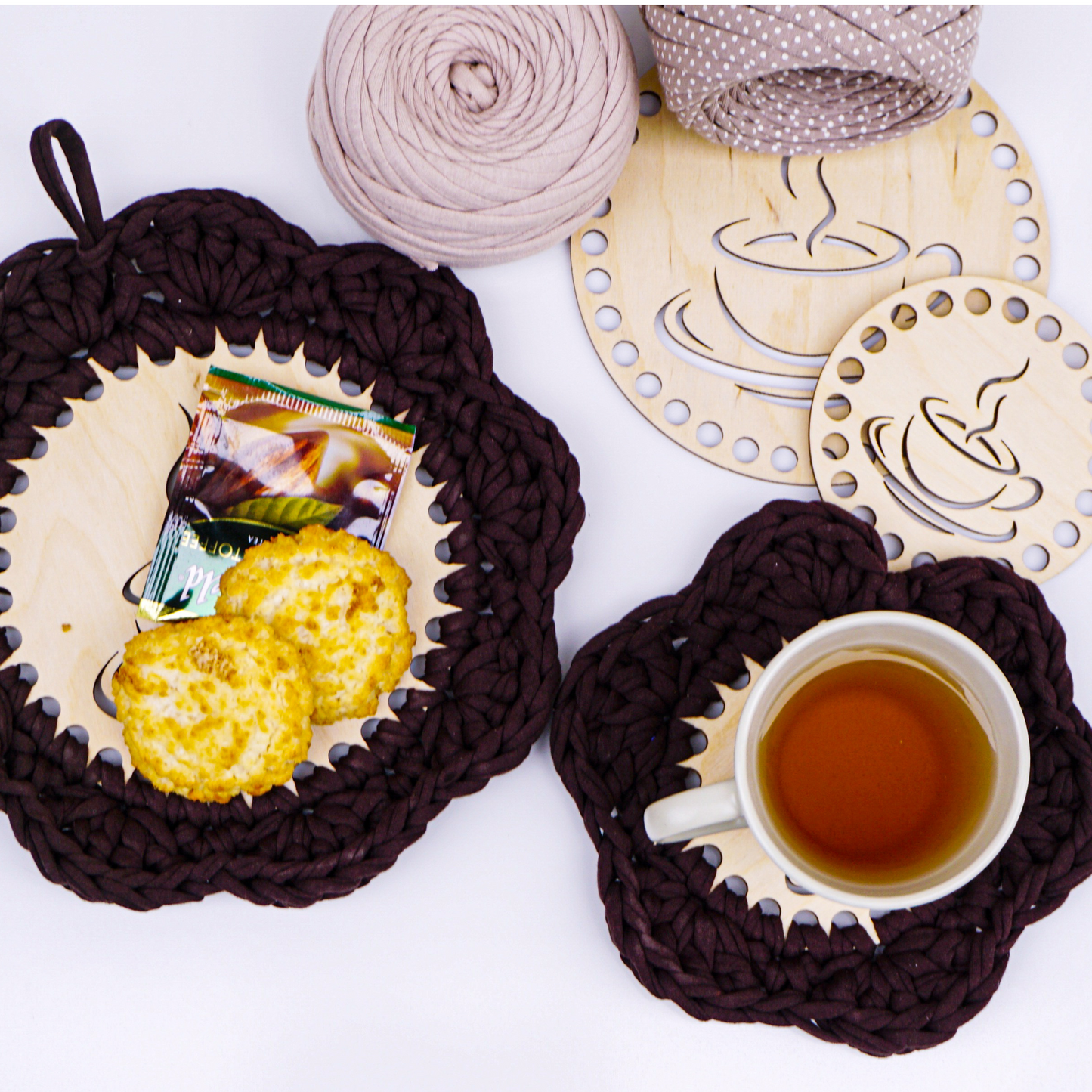 Coaster and trivet crochet wooden base