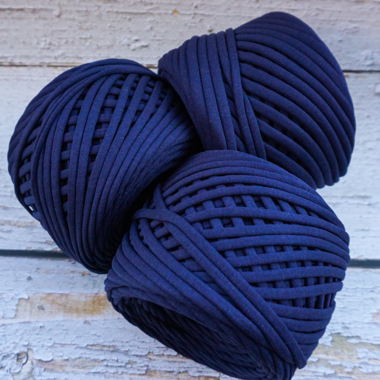 T-shirt yarn for crocheting baskets, bags, rugs and home decor. Dark blue
