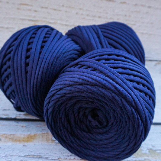 T-shirt yarn for crocheting baskets, bags, rugs and home decor.  Dark blue