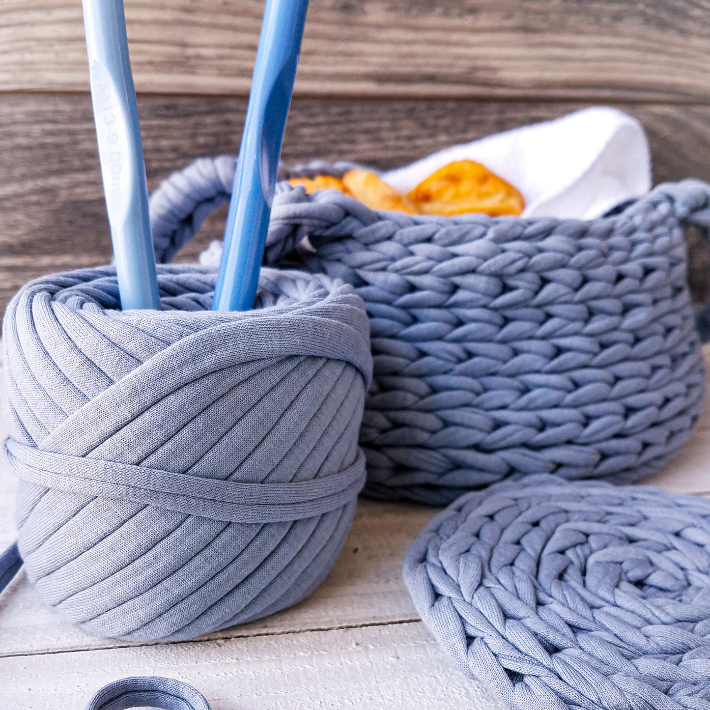 T-shirt yarn for crocheting baskets, bags, rugs and home decor. Ocean weave