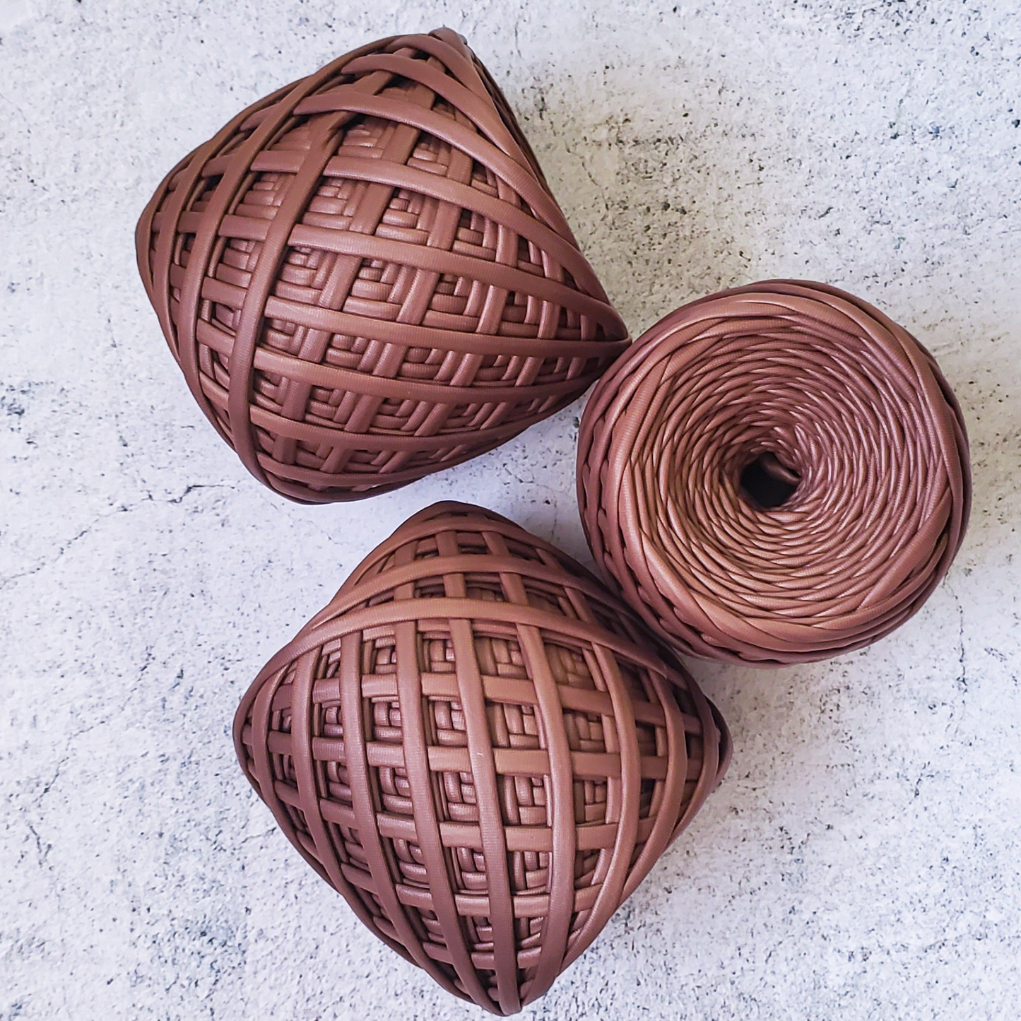 Leather looking T-shirt yarn for crocheting baskets, bags, rugs and home decor.